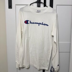 Champion White Crewneck Long Sleeve Shirt with Blue Logo